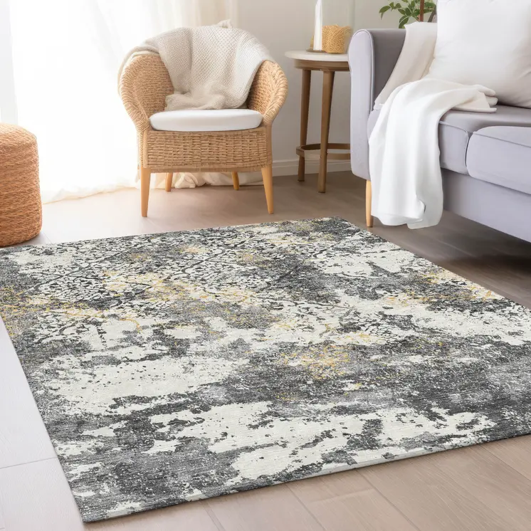 3' X 5' Charcoal Gray And Silver Floral Washable Indoor Outdoor Area Rug