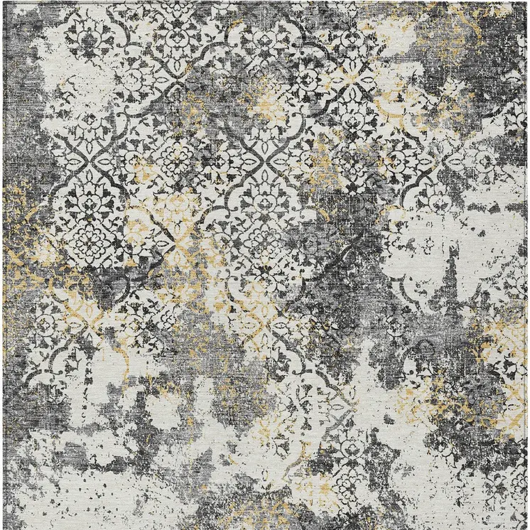 5' X 8' Charcoal Gray And Silver Floral Washable Indoor Outdoor Area Rug