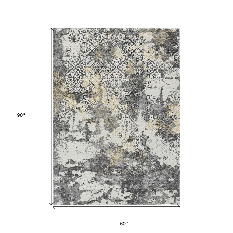 5' X 8' Charcoal Gray And Silver Floral Washable Indoor Outdoor Area Rug