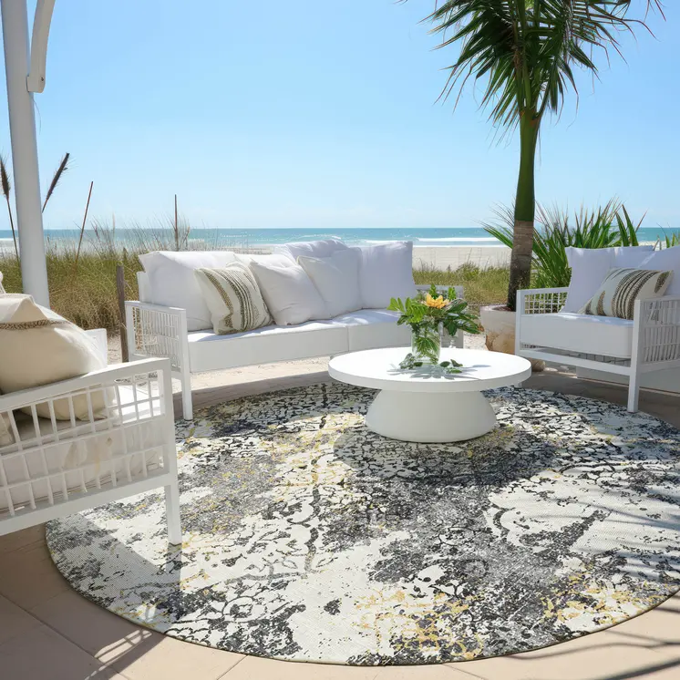 8' Charcoal Gray And Silver Round Floral Washable Indoor Outdoor Area Rug