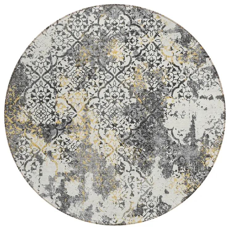 8' Charcoal Gray And Silver Round Floral Washable Indoor Outdoor Area Rug