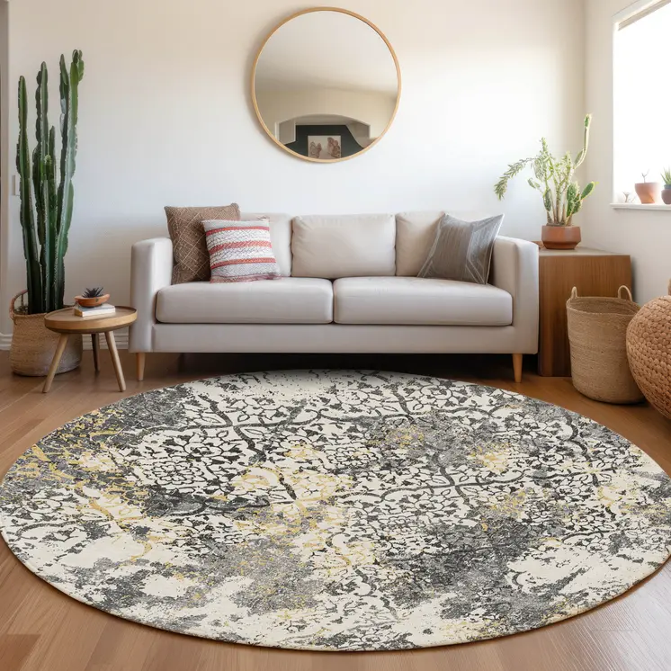 8' Charcoal Gray And Silver Round Floral Washable Indoor Outdoor Area Rug