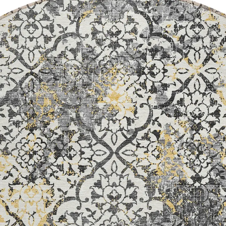 8' Charcoal Gray And Silver Round Floral Washable Indoor Outdoor Area Rug