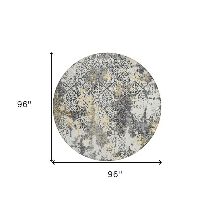8' Charcoal Gray And Silver Round Floral Washable Indoor Outdoor Area Rug