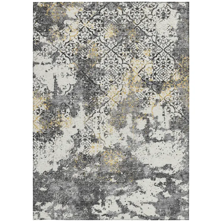 8' X 10' Charcoal Gray And Silver Floral Washable Indoor Outdoor Area Rug