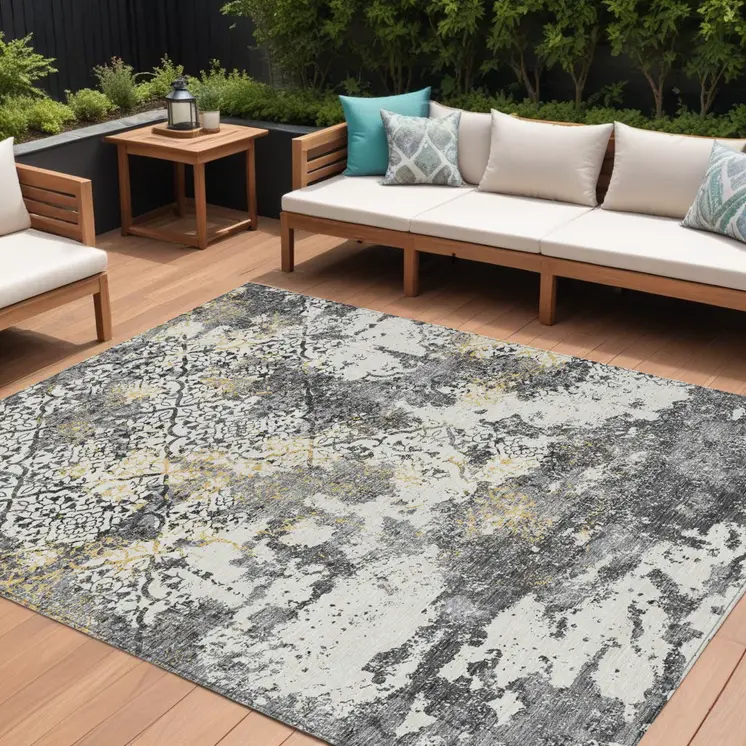 8' X 10' Charcoal Gray And Silver Floral Washable Indoor Outdoor Area Rug