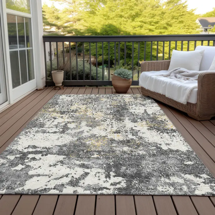 8' X 10' Charcoal Gray And Silver Floral Washable Indoor Outdoor Area Rug