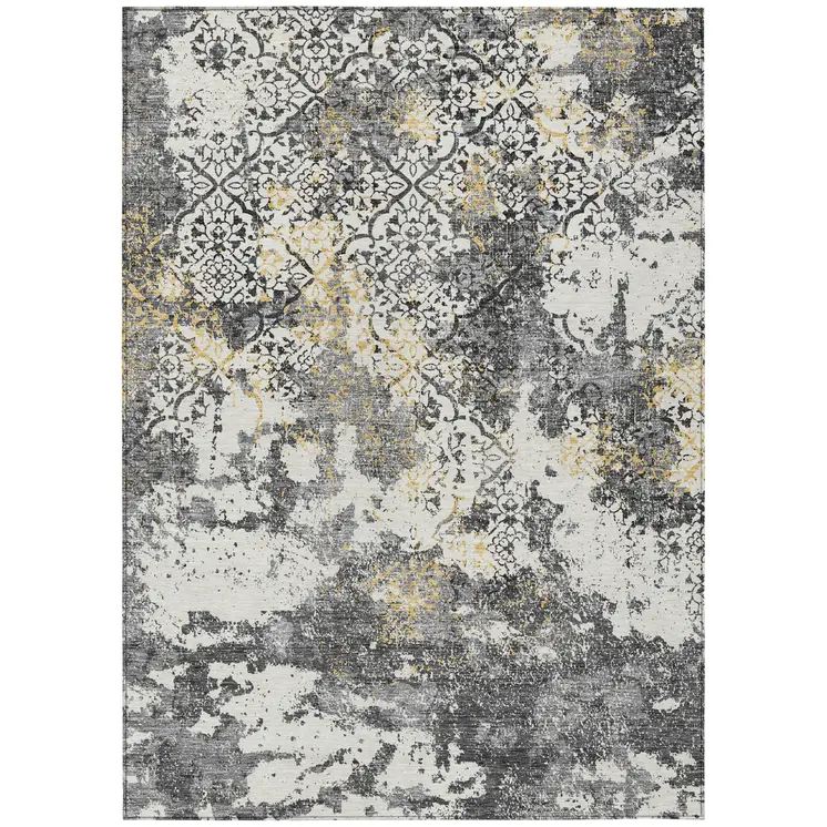 8' X 10' Charcoal Gray And Silver Floral Washable Indoor Outdoor Area Rug