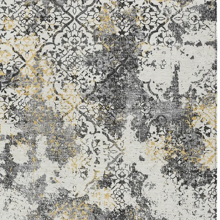 10' X 14' Charcoal Gray And Silver Floral Washable Indoor Outdoor Area Rug