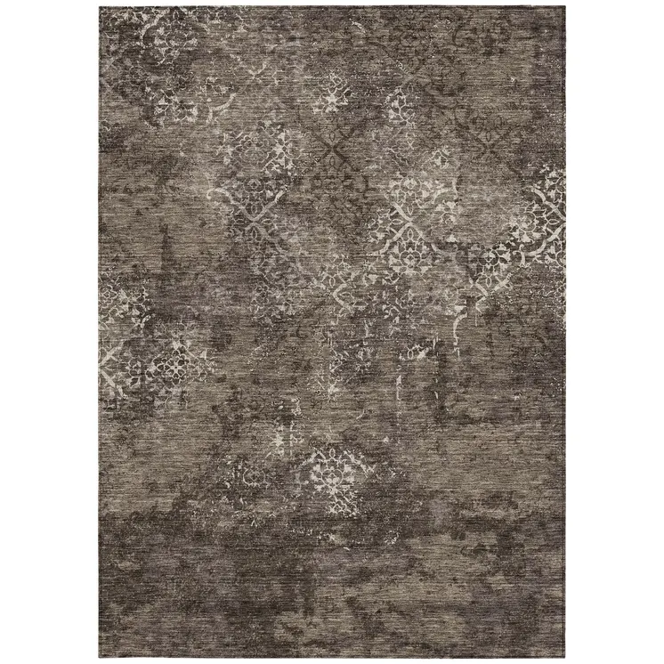 3' X 5' Brown And Ivory Floral Washable Indoor Outdoor Area Rug