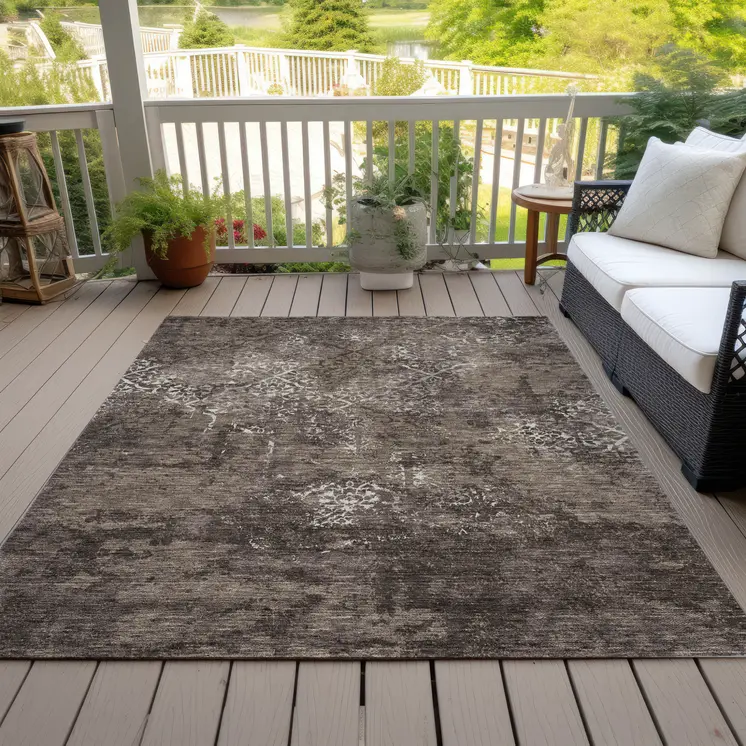 3' X 5' Brown And Ivory Floral Washable Indoor Outdoor Area Rug