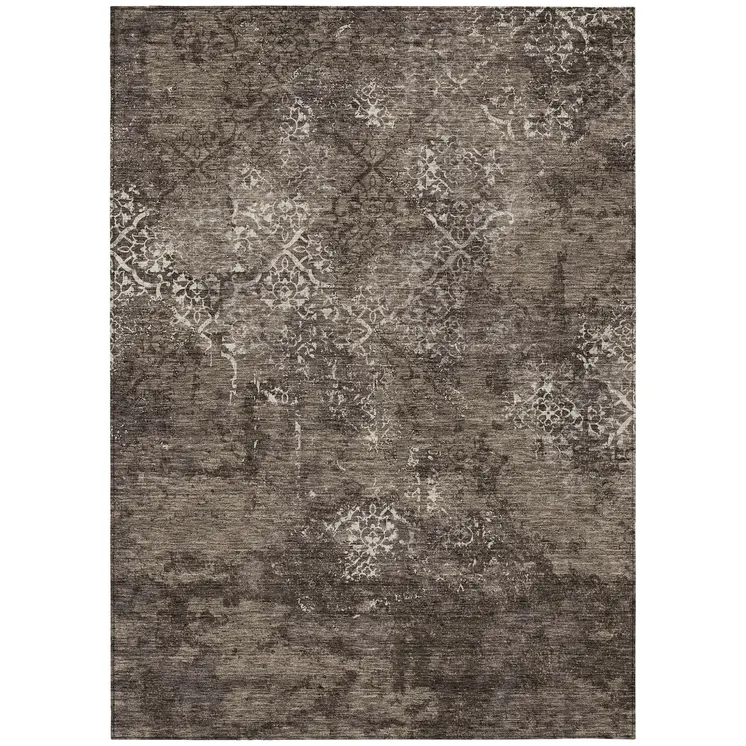 3' X 5' Brown And Ivory Floral Washable Indoor Outdoor Area Rug