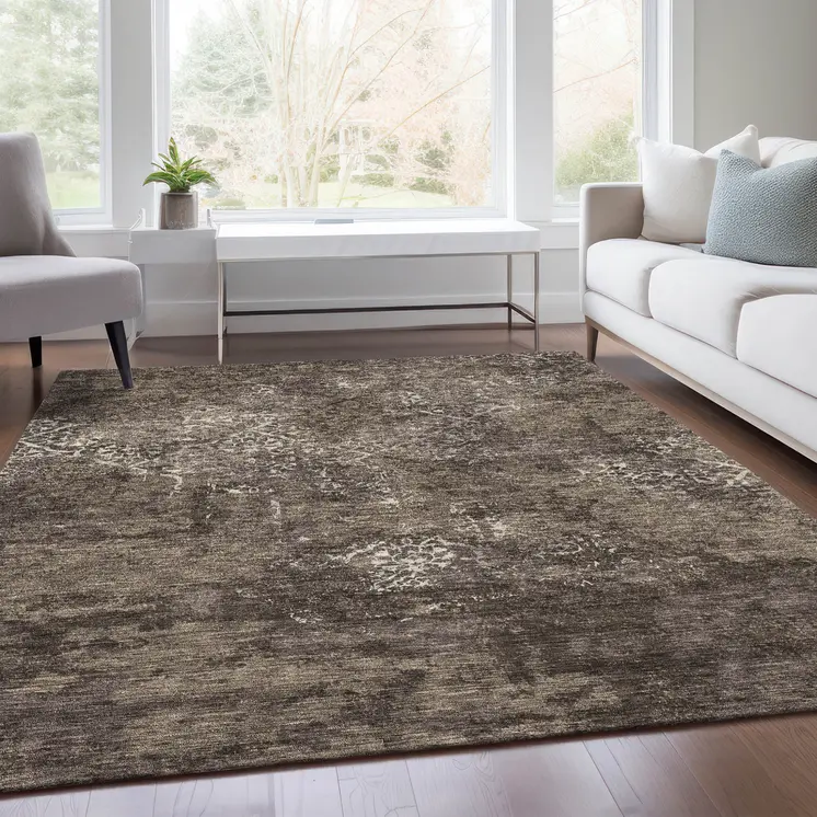 3' X 5' Brown And Ivory Floral Washable Indoor Outdoor Area Rug