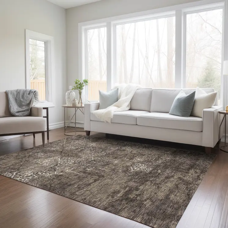 3' X 5' Brown And Ivory Floral Washable Indoor Outdoor Area Rug