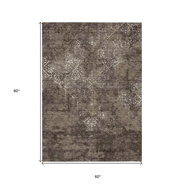 5' X 8' Brown And Ivory Floral Washable Indoor Outdoor Area Rug