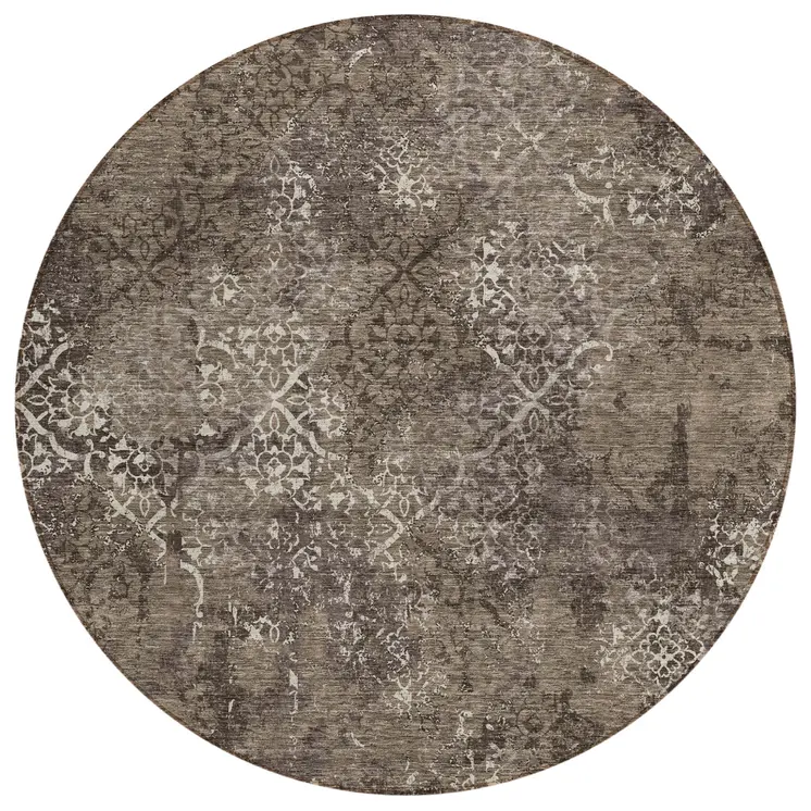 8' Brown And Ivory Round Floral Washable Indoor Outdoor Area Rug