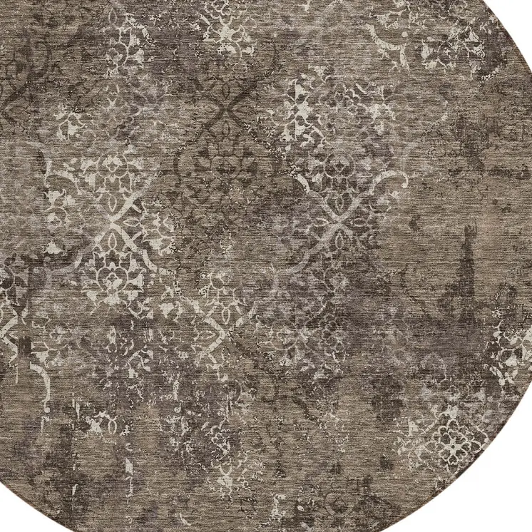 8' Brown And Ivory Round Floral Washable Indoor Outdoor Area Rug