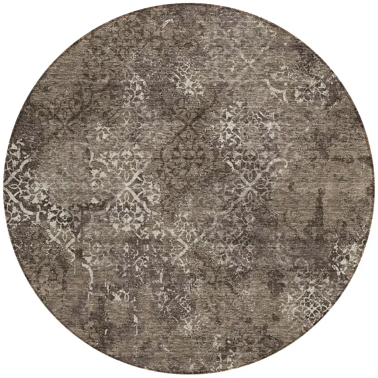 8' Brown And Ivory Round Floral Washable Indoor Outdoor Area Rug