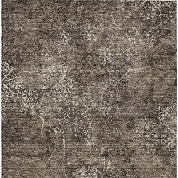 9' X 12' Brown And Ivory Floral Washable Indoor Outdoor Area Rug