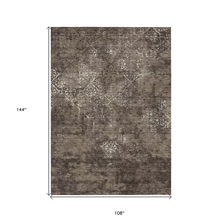 9' X 12' Brown And Ivory Floral Washable Indoor Outdoor Area Rug