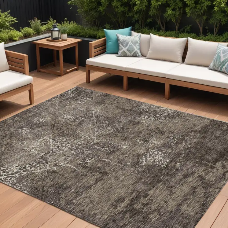 9' X 12' Brown And Ivory Floral Washable Indoor Outdoor Area Rug