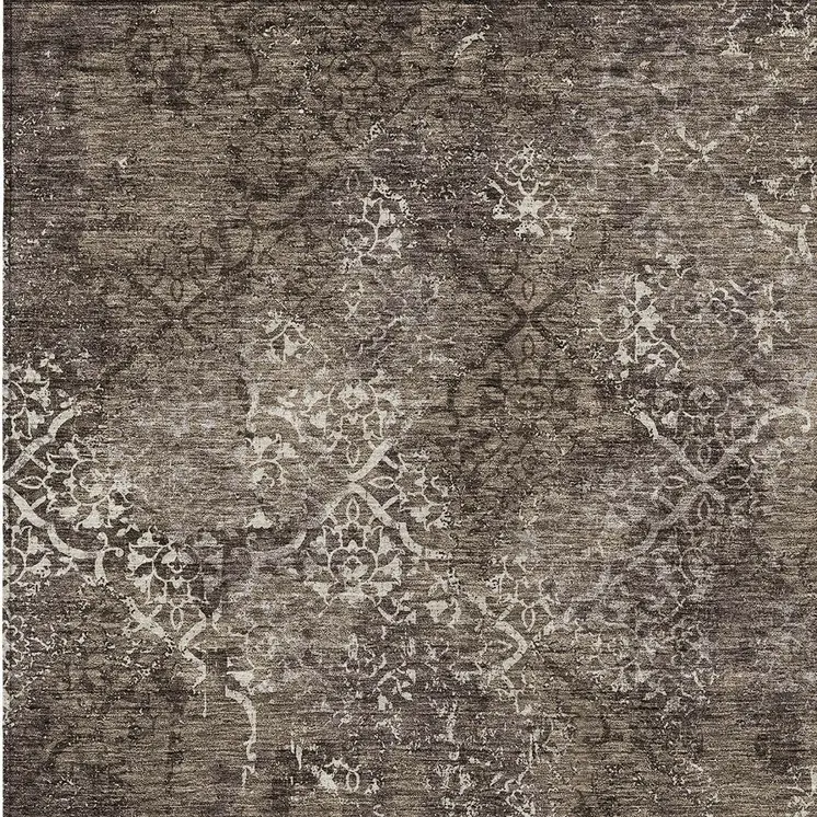 9' X 12' Brown And Ivory Floral Washable Indoor Outdoor Area Rug