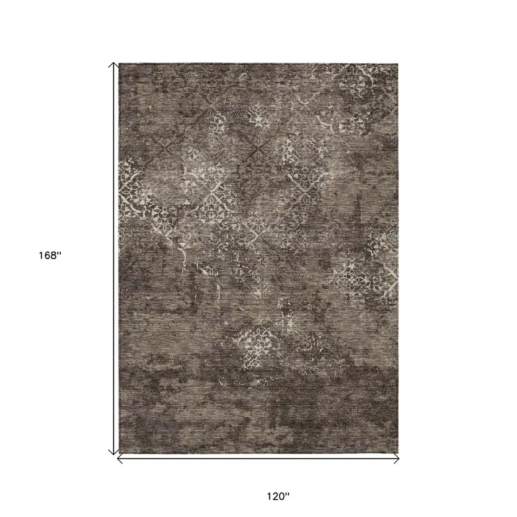 10' X 14' Brown And Ivory Floral Washable Indoor Outdoor Area Rug