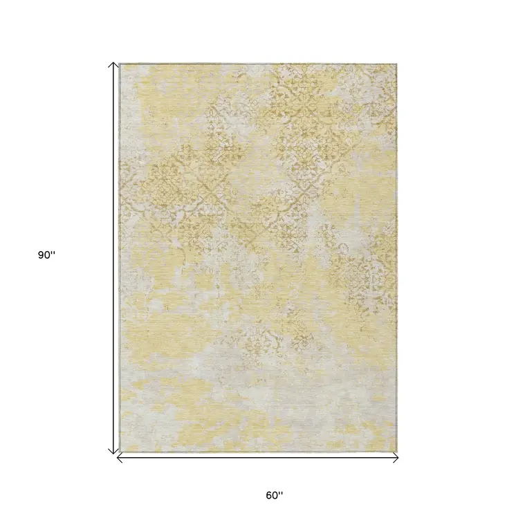 5' X 8' Gold Wheat And Beige Floral Washable Indoor Outdoor Area Rug