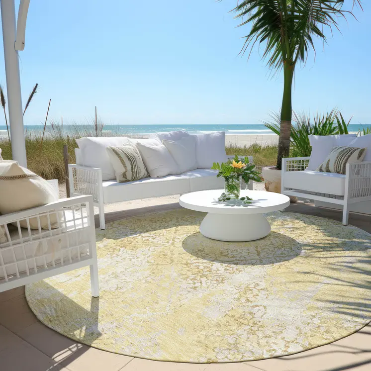 8' Gold Wheat And Beige Round Floral Washable Indoor Outdoor Area Rug