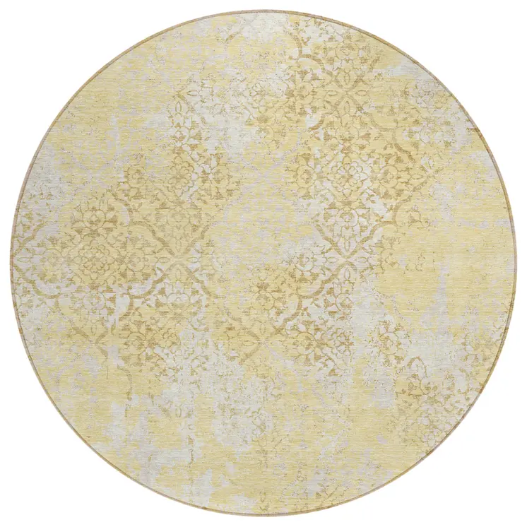 8' Gold Wheat And Beige Round Floral Washable Indoor Outdoor Area Rug
