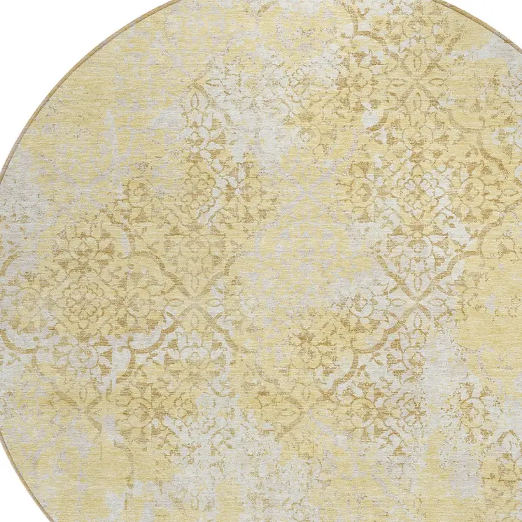 8' Gold Wheat And Beige Round Floral Washable Indoor Outdoor Area Rug