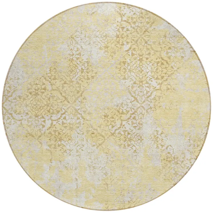 8' Gold Wheat And Beige Round Floral Washable Indoor Outdoor Area Rug