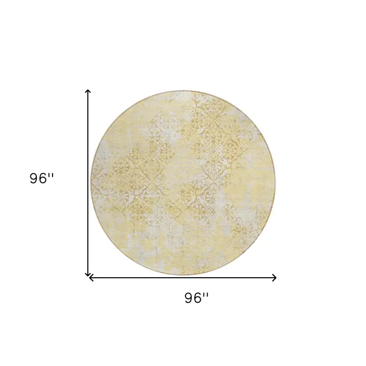 8' Gold Wheat And Beige Round Floral Washable Indoor Outdoor Area Rug