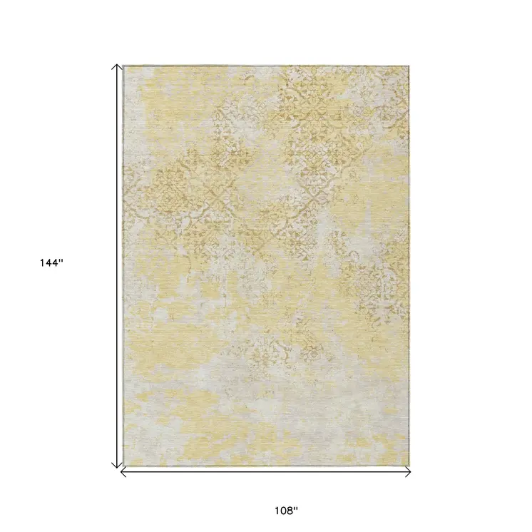 9' X 12' Gold Wheat And Beige Floral Washable Indoor Outdoor Area Rug