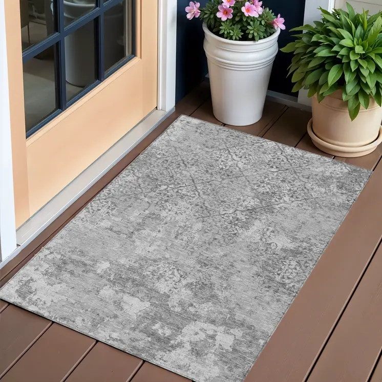 3' X 5' Gray Charcoal And Silver Floral Washable Indoor Outdoor Area Rug