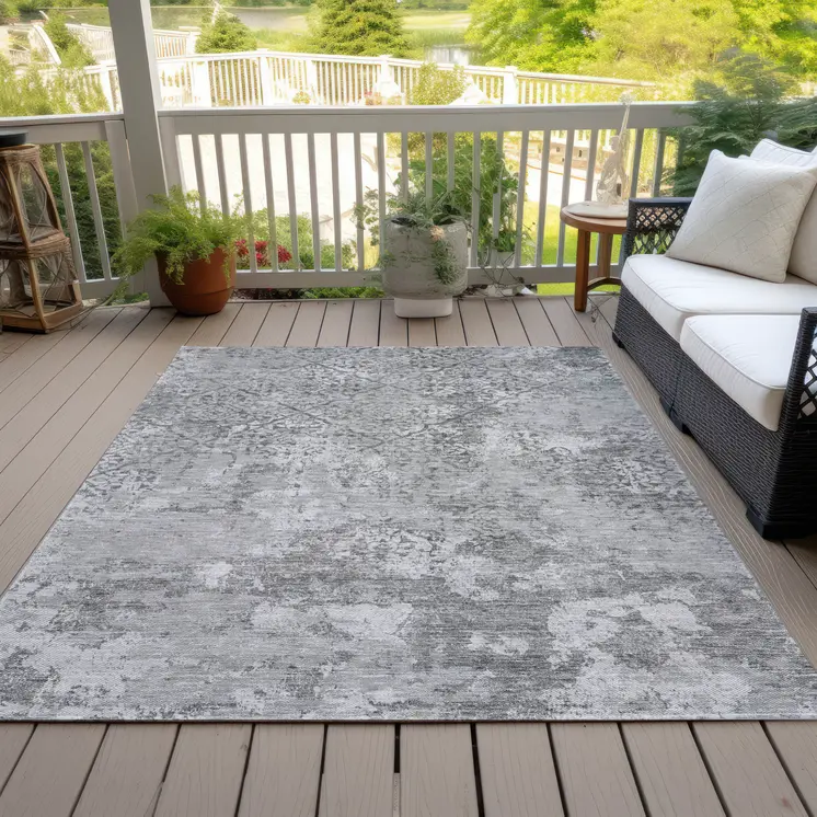 3' X 5' Gray Charcoal And Silver Floral Washable Indoor Outdoor Area Rug