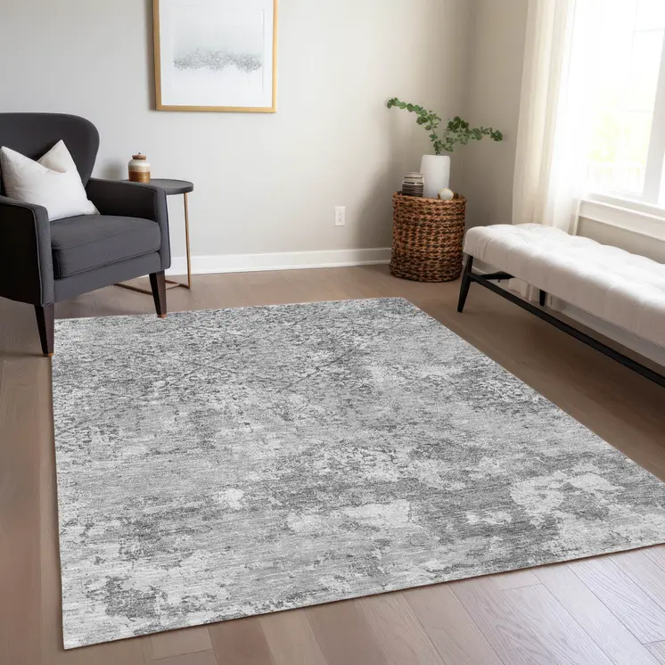 3' X 5' Gray Charcoal And Silver Floral Washable Indoor Outdoor Area Rug