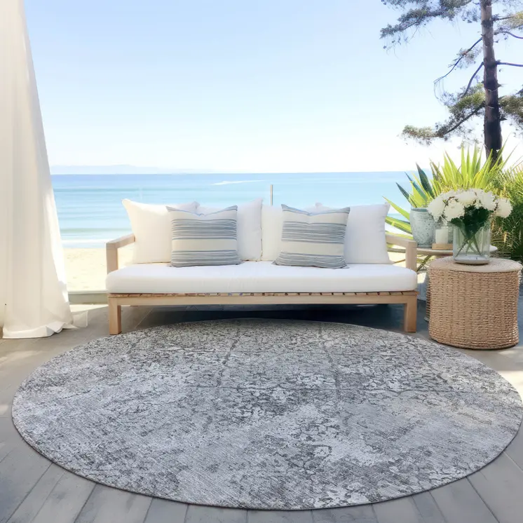 8' Gray Charcoal And Silver Round Floral Washable Indoor Outdoor Area Rug