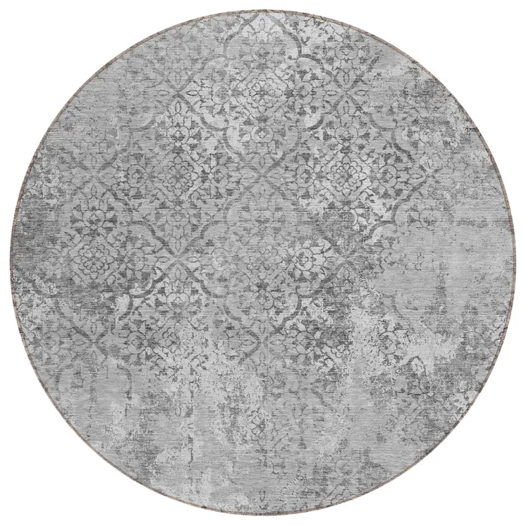 8' Gray Charcoal And Silver Round Floral Washable Indoor Outdoor Area Rug