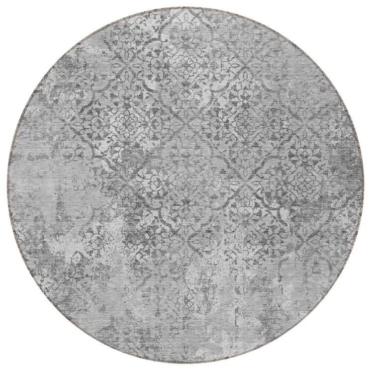 8' Gray Charcoal And Silver Round Floral Washable Indoor Outdoor Area Rug