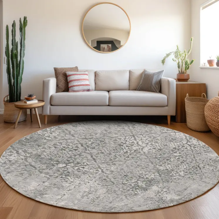 8' Gray Charcoal And Silver Round Floral Washable Indoor Outdoor Area Rug