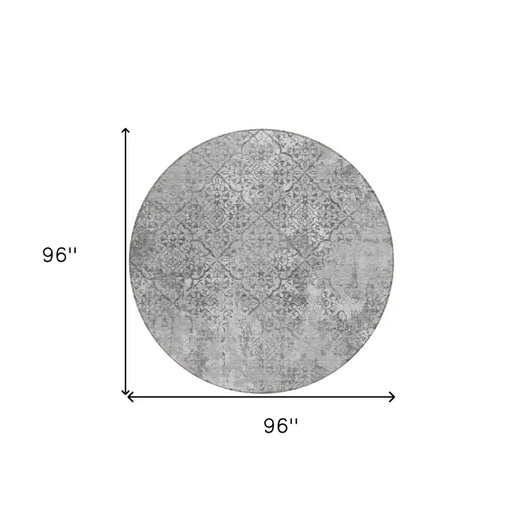 8' Gray Charcoal And Silver Round Floral Washable Indoor Outdoor Area Rug