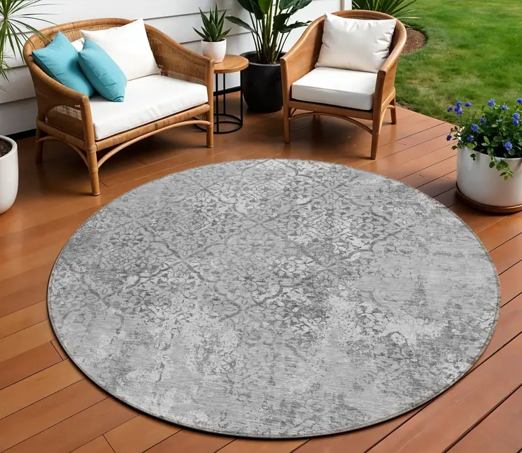 8' Gray Charcoal And Silver Round Floral Washable Indoor Outdoor Area Rug