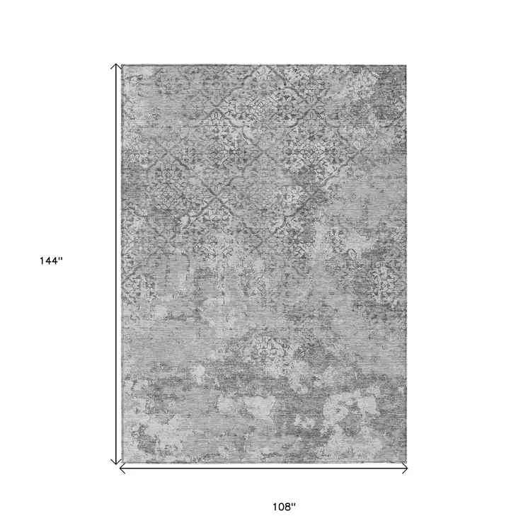 9' X 12' Gray Charcoal And Silver Floral Washable Indoor Outdoor Area Rug