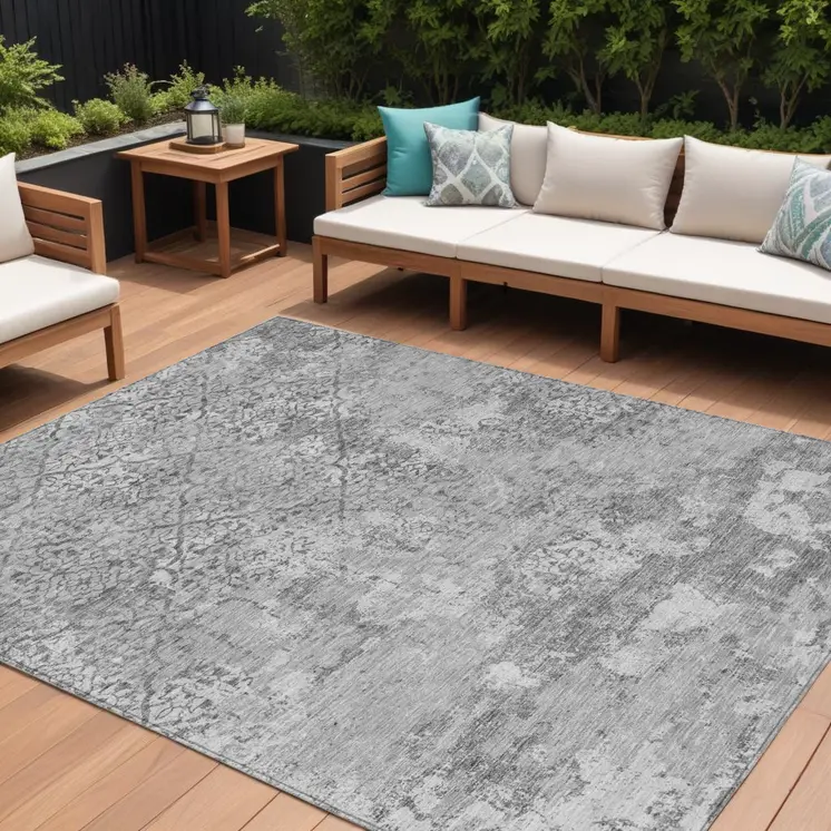 9' X 12' Gray Charcoal And Silver Floral Washable Indoor Outdoor Area Rug