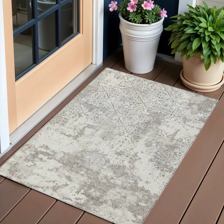 3' X 5' Ivory Beige And Taupe Floral Washable Indoor Outdoor Area Rug