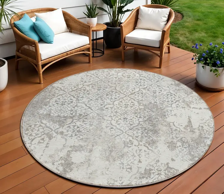 8' Ivory Beige And Taupe Round Floral Washable Indoor Outdoor Area Rug
