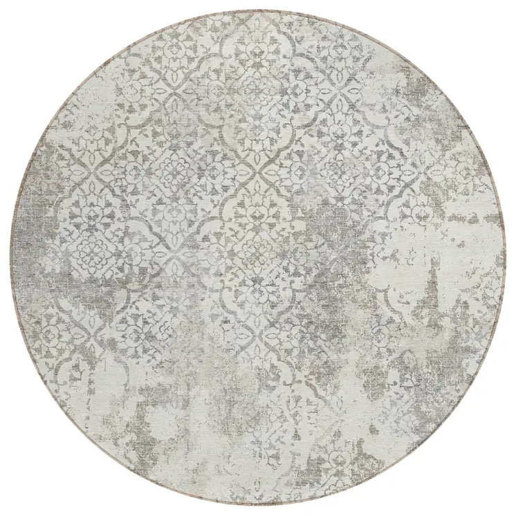 8' Ivory Beige And Taupe Round Floral Washable Indoor Outdoor Area Rug