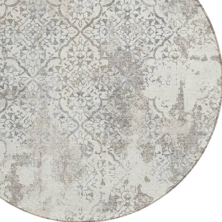 8' Ivory Beige And Taupe Round Floral Washable Indoor Outdoor Area Rug