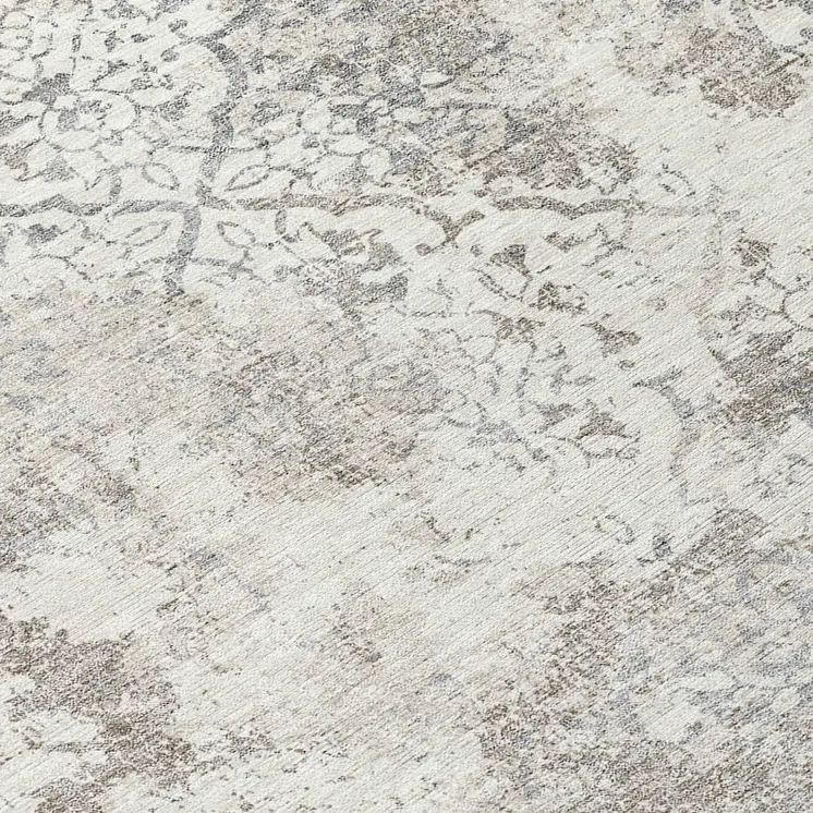 8' Ivory Beige And Taupe Round Floral Washable Indoor Outdoor Area Rug
